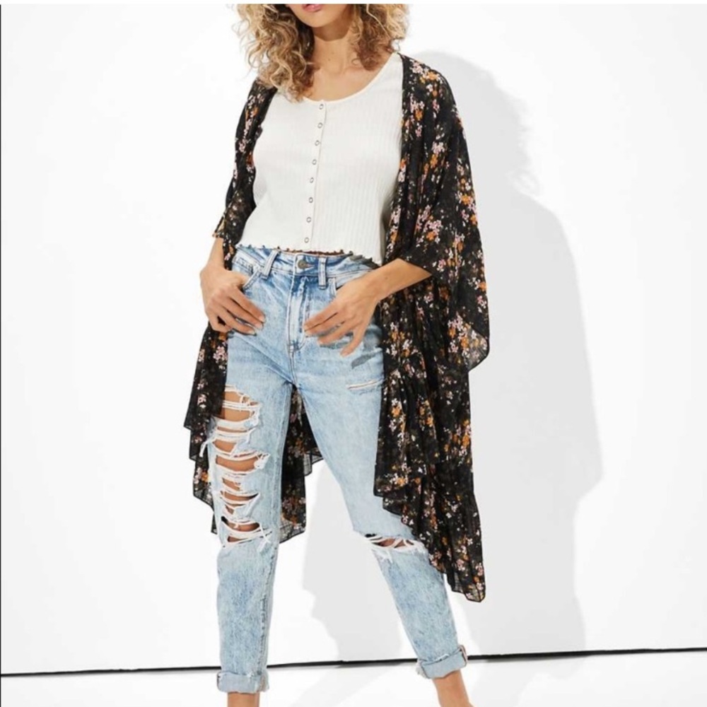 American Eagle Floral Ruffled Midi Kimono